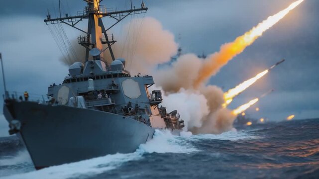 A dramatic naval display showcases guided missiles, illuminating the sea with bursts of flame and smoke, highlighting military precision.
