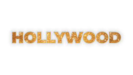 Hollywood word in sparkling gold glitter texture with a radiant shine. Glamorous cinematic text element isolated on a transparent background for easy compositing and design projects.