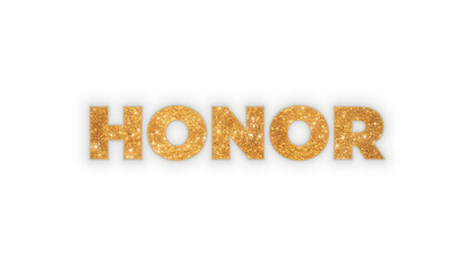 Elegant Honor word design element. Golden glitter text with a luxury shine and sparkle effect. Luminous typography for awards and celebrations. Isolated graphic on a transparent background.