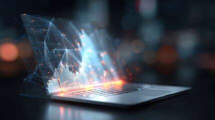 close up of laptop with abstract glowing polygonal business chart interface hologram on blurry background finance future and technology concept double exposure no logos no brands ar 169