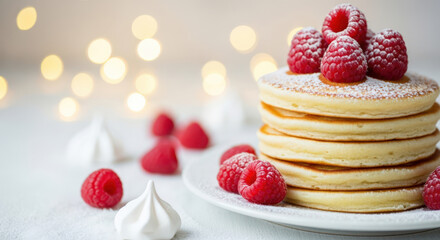 Delicious Stack of Pancakes with Fresh Raspberries and Meringues.