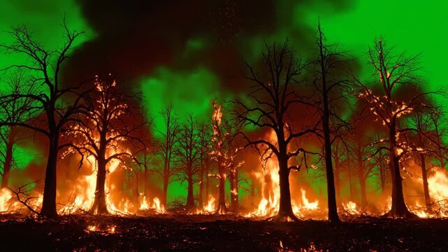 Burning Forest Green Screen - A dramatic shot of a forest fire at night, with large trees engulfed in flames against a green screen background.