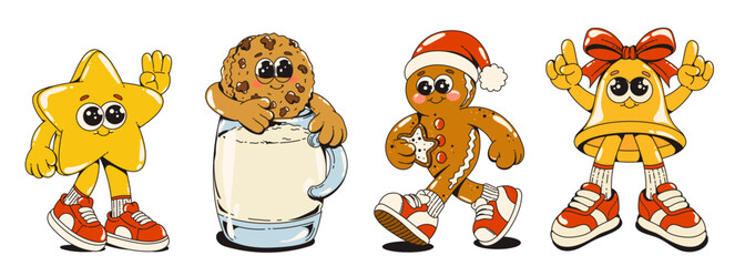 Retro groovy Christmas character set with shining star mascot, cookie with milk, gingerbread man and holiday bell with ribbon in sneakers