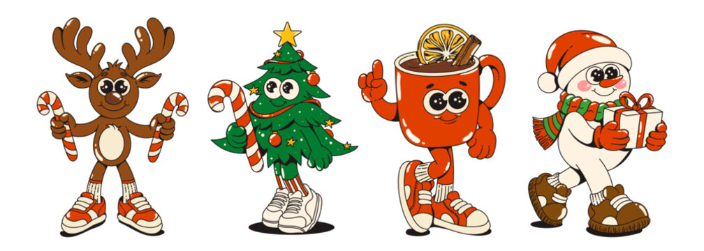 Groovy retro cartoon Christmas characters set with reindeer holding candy canes, Christmas tree mascot, hot cocoa mug and snowman with gift for festive design. - Powered by Adobe