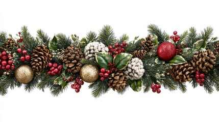 festive garland with pine cones berries and ornaments on white background