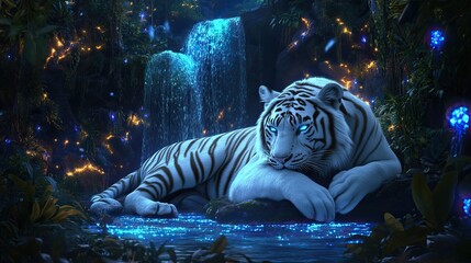 2. A majestic white tiger with shimmering aqua stripes reclines beside a glowing waterfall deep in a luminescent jungle.