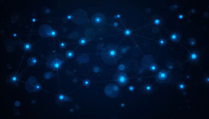 Abstract Network of Glowing Blue Nodes Connected by Thin Lines on a Dark Blue Background with Bokeh Lights