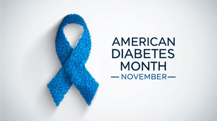 Silhouette of blue ribbon with text " AMERICAN DIABETES MONTH NOVEMBER". White background, awareness month. Advertisement poster, banner for diabetes awareness.