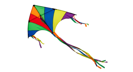 Colorful kite flying high in the sky summer fun outdoor activity wind toy kids game bright colors vibrant design transparent background