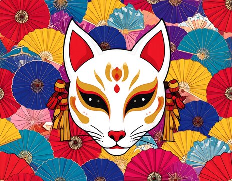 A white fox mask with vibrant, colorful paper fans - Powered by Adobe