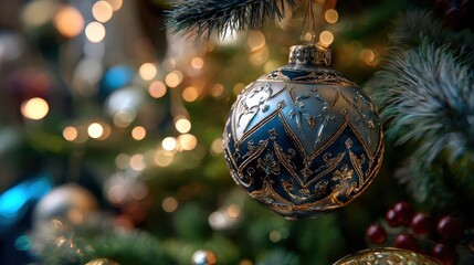 christmas ornament on tree with blurred lights