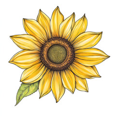Fototapeta premium Hand-Drawn Illustration of a Sunflower with Rich Yellow Petals and a Detailed Brown Center, Capturing the Beauty of Nature