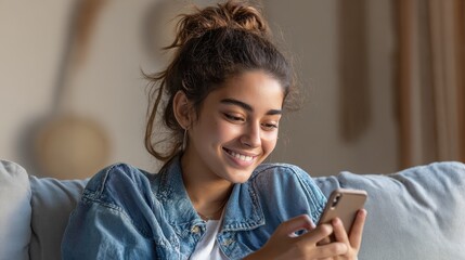 happy millennial hispanic teen girl checking social media holding smartphone at home smiling young latin woman using mobile phone app playing game shopping online ordering delivery relax on sofa no l