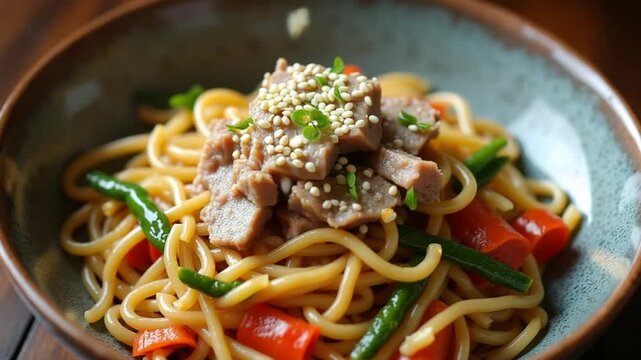 japchae or stir-fried Korean vermicelli noodles with vegetables and pork topped with white sesame - Korean traditional food style