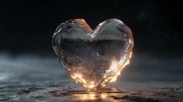 A heart-shaped ice sculpture with flames engulfing it. The scene captures the contrast between ice and fire, symbolizing passion and emotion.