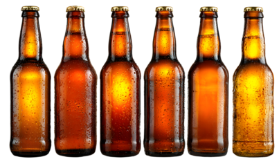 Brown beer bottles isolated on transparent background in various open and closed states with visible foam; perfect Oktoberfest clipart set for traditional beer-themed designs