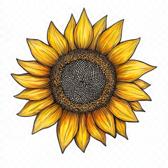 Fototapeta premium Hand-Drawn Illustration of a Sunflower with Rich Yellow Petals and a Detailed Brown Center, Capturing the Beauty of Nature