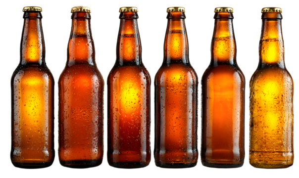Brown beer bottles isolated on transparent background in various open and closed states with visible foam; perfect Oktoberfest clipart set for traditional beer-themed designs