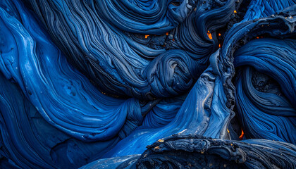 "Abstract close-up of swirling blue textures with glowing orange spots—evoking molten fluidity, heat contrast, and dynamic motion in a vivid, layered composition."