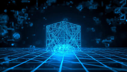 Blue Neon Wireframe Cube Structure on a Digital Grid with Bokeh Lights Background abstract technology