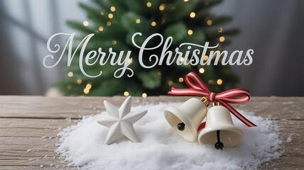 A christmas still life with bells star and tree with merry christmas text overlaying scene view