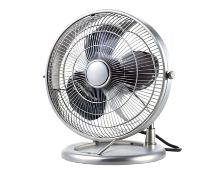 Silver Metal Desk Fan With Wire Grill And Blades Keywords: fan, desk fan, electric fan isolated on a transparent background