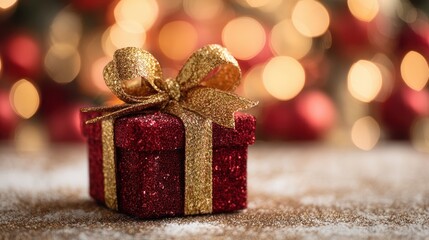small red xmas present package with golden glitter bow on floor under merry christmas tree bokeh festive background giftbox as holiday shopping store sale happy new year eve season gift box concept n