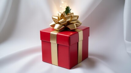 Obraz premium A red gift box with a gold ribbon and bow on a white fabric background with bokeh lights behind it