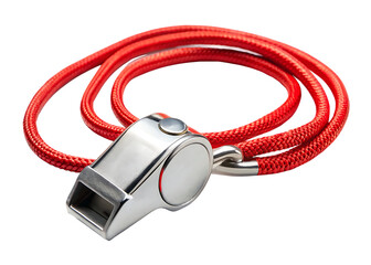 Silver Metal Whistle with Red Lanyard and Metal Loop on Background shiny chrome isolated on a transparent background