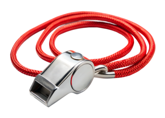 Silver Metal Whistle with Red Lanyard and Metal Loop on Background shiny chrome isolated on a transparent background