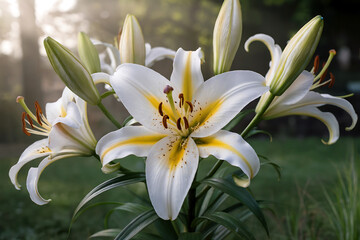 Fototapeta premium White and yellow lilies blooming in soft morning light lily white lily