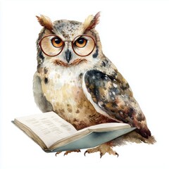 Wise Owl Reading a Book - Watercolor Illustration , PNG isolated cut out image