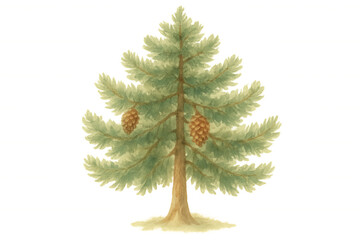Evergreen pine tree with pinecones featuring a watercolor illustration style, perfect for seasonal designs. Transparent background