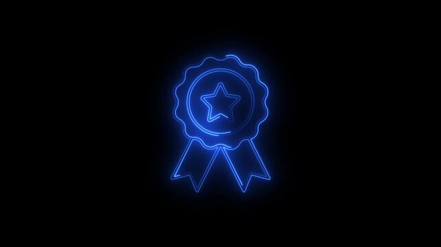 Neon Medal Icon Animation on Black Background , bule |Champion Award Concept Glow