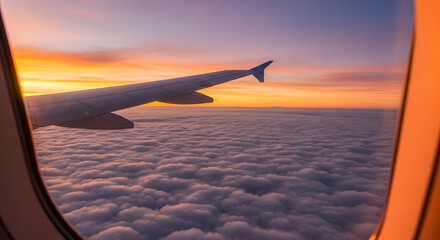 Obraz premium Breathtaking sunset view from airplane window over fluffy clouds, inspiring travel adventure