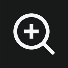 Zoom In Icon Featuring White Magnifying Glass with Plus Sign on Black Background, Minimalist UI Symbol for Digital Navigation, Enlargement, and Interface Design