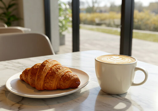 Croissant and Latte on Marble Table