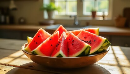 Fresh Watermelon Slices Arranged in a Wooden Bowl Under Natural Sunlight
