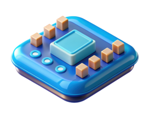 Abstract isometric composition featuring buttons,cubes,and platform in blue and beige tones 3d illustration isolated on transparent background
