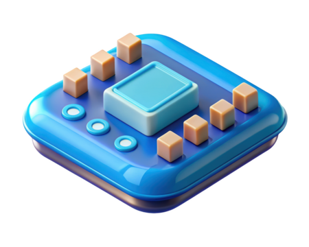 Abstract isometric composition featuring buttons,cubes,and platform in blue and beige tones 3d illustration isolated on transparent background