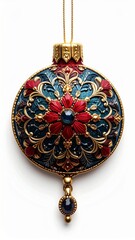 Intricate Teal and Red Christmas Ornament with Gold Details on White Background