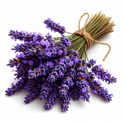 Isolated Bouquet of Purple Lavender Flowers Tied with Twine on White Background
