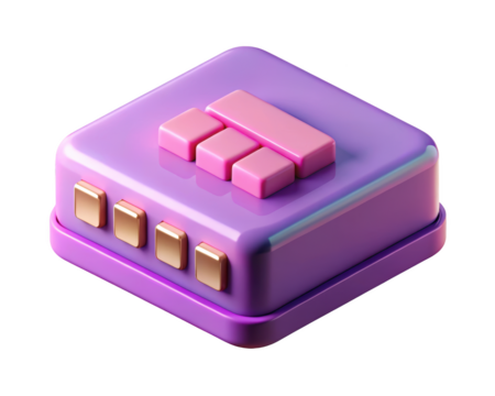 Abstract purple and pink isometric shape with gold elements on background 3d illustration isolated on transparent background