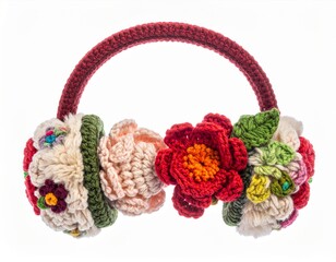 Handmade Knitted Earmuffs with Floral Embellishments on White Backdrop