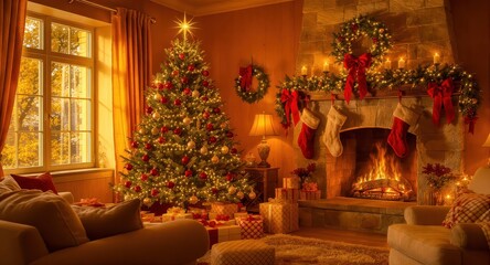 Fototapeta premium Cozy Holiday Living Room With Decorated Christmas Tree and Warm Fireplace Glow