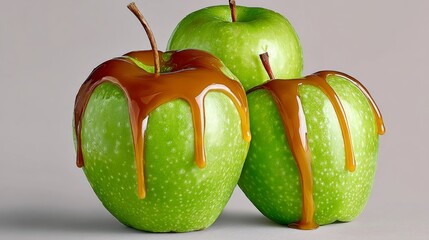 Three green apples with caramel drizzled on top. The apples are arranged in a pyramid shape, with the top apple slightly larger than the others. The caramel adds a touch of sweetness