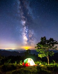 A brightly lit colorful tent nestled amongst a landscape of trees and the Milky Way