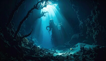 Mysterious deep sea cave reveals ancient octopus silhouette bathed in ethereal sunbeams from above