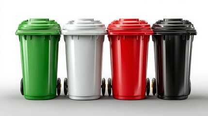 Four trash cans of different colors are lined up next to each other. The colors are green, white, red, and black