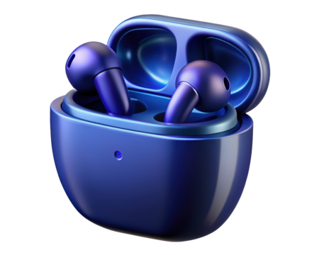 Blue wireless earbuds in charging case for music listening and mobile communication3d illustration isolated on transparent background
